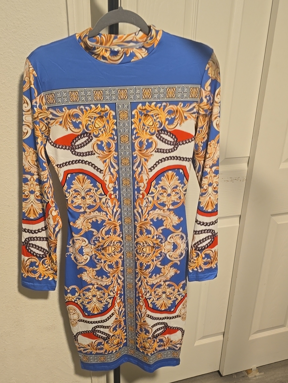 Source Unknown Blue Baroque-Print Long Sleeve Dress with Gold & Red Accents